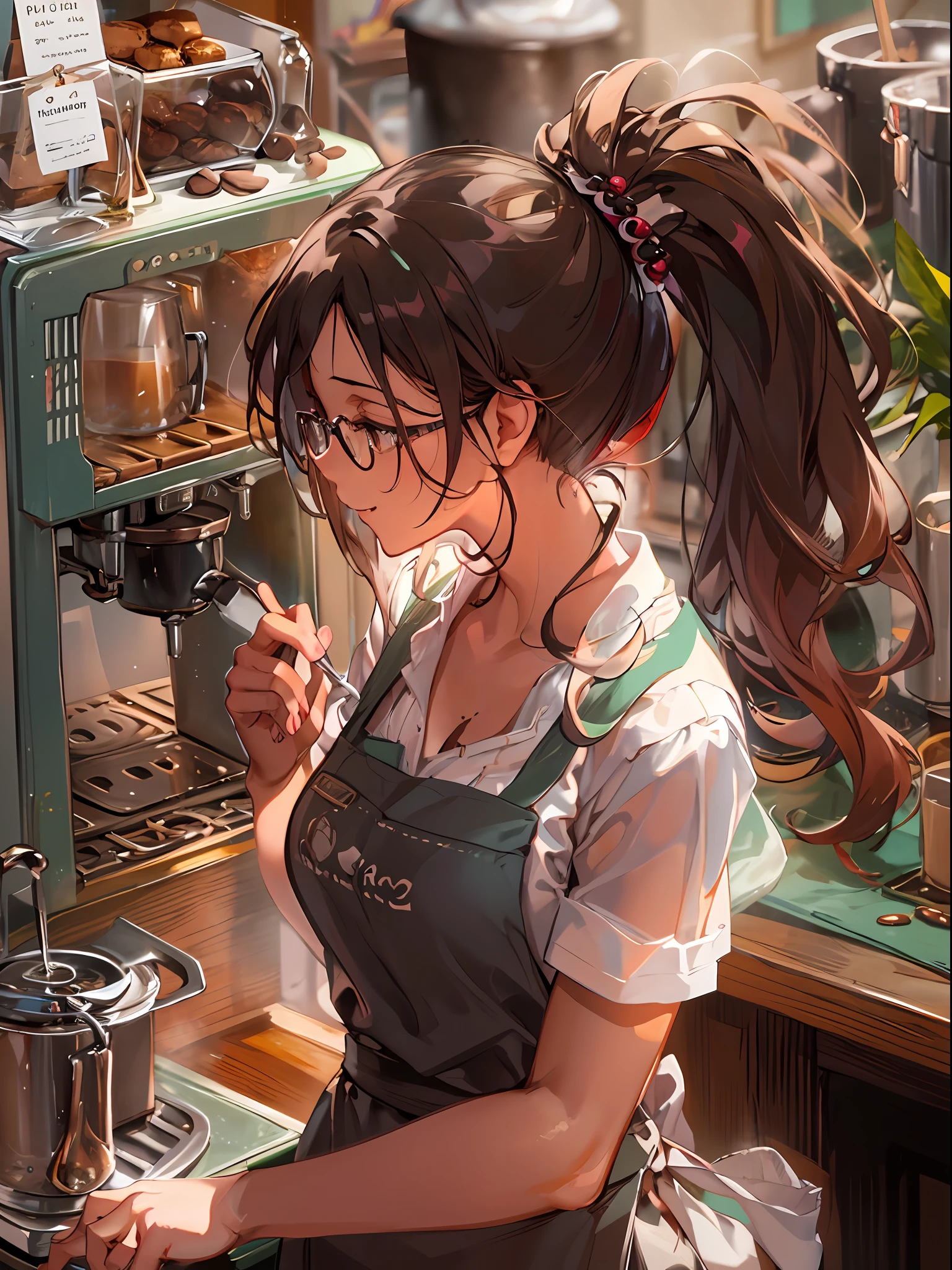 1girl, beautiful eye, smile, cafe worker, glasses, cheerful expression, barista uniform, mint green apron, coffee brown shirt, chocolate brown hair, ponytail, shoulder-length, honey-colored eyes, holding coffee cup, standing next to espresso machine, background of a cafe by the window, wooden counter, steaming espresso machine, neatly arranged coffee cups, pastries displayed under a glass cover, soft sunlight streaming through the window, fragrant aroma of coffee filling the air, chalkboard menu hanging on the wall, little potted plants adorning the windowsill, foam art on the coffee, a dusting of cocoa powder on the coffee, warm and cozy atmosphere, her figure illuminated by the soft sunlight, her apron decorated with small embroidered coffee beans, her glasses reflecting the sunlight, her ponytail swaying gently as she works, her inviting smile welcoming customers, the clinking sound of coffee cups, her focused eyes as she skillfully pours the coffee, inviting aroma of baked goods and coffee mingling in the air, steam rising from the fresh cup of coffee, gentle hum of the cafe chatter, light from the window casting soft shadows, her content expression as she enjoys her work, small beads of sweat on her forehead from the warmth of the coffee machine, soft glow on her skin from the warm light, gentle sound of the espresso machine, relaxing atmosphere of the cafe