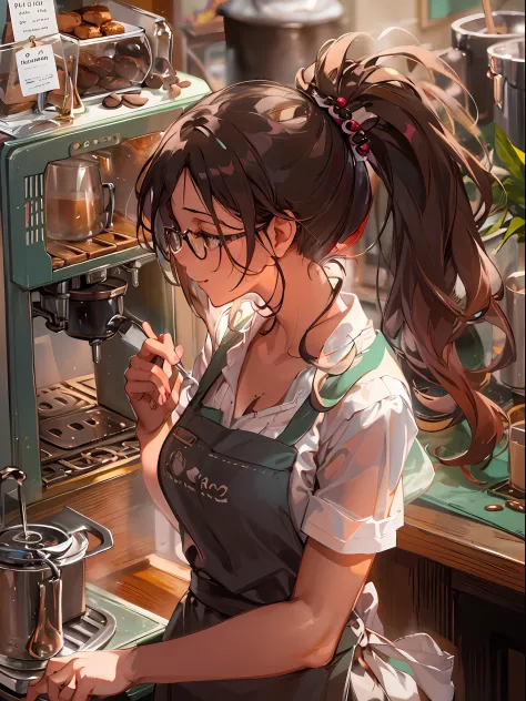 1girl, beautiful eye, smile, cafe worker, glasses, cheerful expression, barista uniform, mint green apron, coffee brown shirt, c...