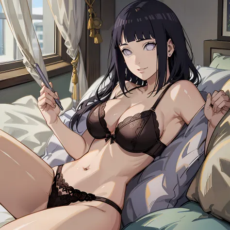 (((hyuuga hinata))), Cute, smile, shy, loose breasts, soft skin, oily skin, realistic pupils, highly details eye, masterpiece, best quality, super quality, UHD, glow,Novel ai style, perfect anatomy, anatomically correct, show armpits, wearing lingerie,in b...