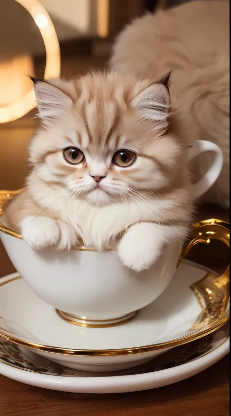 Persian Cat, ((((Small)))), in a Teacup, Face, Front Paws Out, 8K, Professional Photo, Delicate, Light, On Table, Inside House, Sunshine, Light Leak, Masterpiece, ((Pretty))), Fashionable Teacup, (Reality), Stuffed Toy, Round Pupils