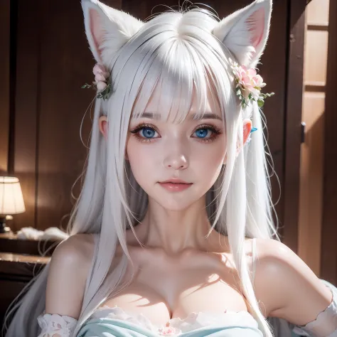 Fox ears white hair girl，fluffy fox ears，fox tails，No ears，Pink floral maxi dress，A beauty with only fox ears，Hair clogs the ears，Fox girl，Fox eyes，Enchanted，Charming，16k， best qualityer， tmasterpiece， 1womanl， 独奏， mature， Raised sexy， Highly detailed face...
