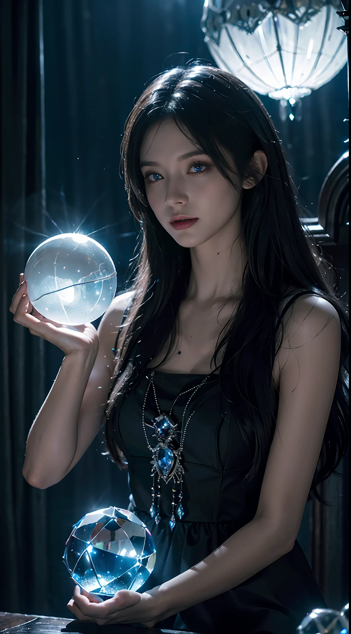 Moonlight, The evil witch casts magic on the Crystal ball in front of her, (There is a castle in the Crystal ball), The witch's eyes emit a blue flame, Electroluminescent Wire, Dreamy Glow, anatomically correct, (Photorealistic,masterpiece,best quality,UHD,extremely detailed, Cinematic Lighting)