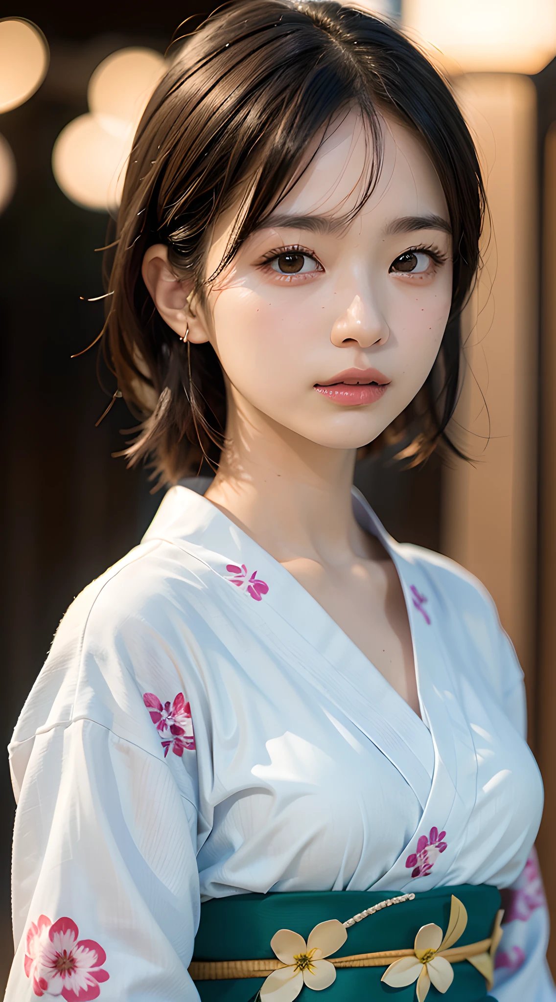 (masterpiece, best quality:1.4), beautiful face, 8k, 85mm, absurdres, (floral pattern yukata:1.4), face close up, violaceaess, gardeniass, delicate girl, solo, night, looking at viewer, upper body, film grain, chromatic aberration, sharp focus, facelight, professional lighting, sophisticated, (smile:0.4), (simple background, bokeh background:1.2), detail face