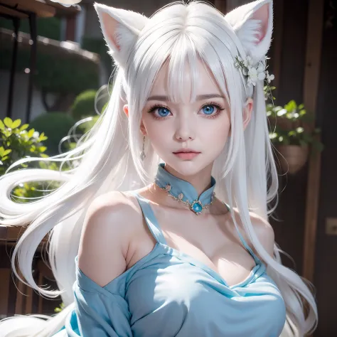 Fox ears white hair girl，fluffy fox ears，fox tails，No ears，Pink floral maxi dress，A beauty with only fox ears，Hair clogs the ears，Fox girl，Fox eyes，Enchanted，Charming，16k， best qualityer， tmasterpiece， 1womanl， 独奏， mature， Raised sexy， Highly detailed face...