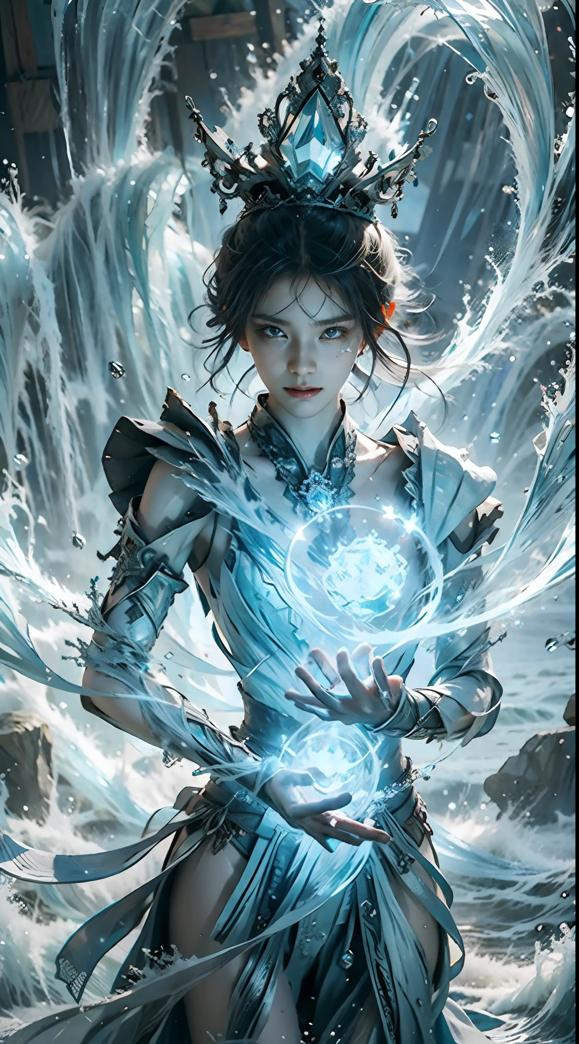 （Game King Card:1.5, rotational symmetry),Stephen Gammell,(cowboy shot),minimalist compositions,ocean waves,Female magician,Exquisite crystal headdress, exquisite crystal armor，Electroluminescent Wire,Dreamy Glow，conceptual digital art, Azure blue and gray,(Very detailed, reasonable design, Clear lines, High sharpness,best quality, masterpiece, 4K )