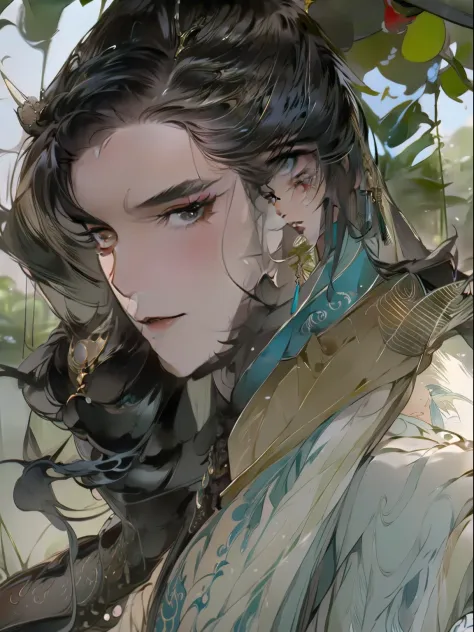 Close-up of an antique beautiful man，Belle peinture de personnage，Drinking alcohol under trees，Colorful falls，Lazy eyes，Noble，ellegance，There is Yupei，A detailed。