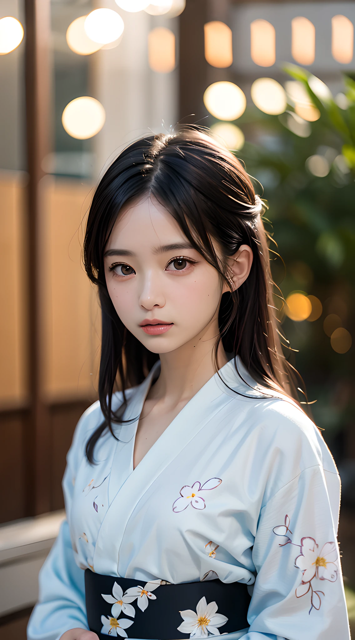 (masterpiece, best quality:1.4), beautiful face, 8k, 85mm, absurdres, (floral pattern yukata:1.4), face close up, violaceaess, gardeniass, delicate girl, solo, night, looking at viewer, upper body, film grain, chromatic aberration, sharp focus, facelight, professional lighting, sophisticated, (smile:0.4), cleavage, (simple background, bokeh background:1.2), detail face