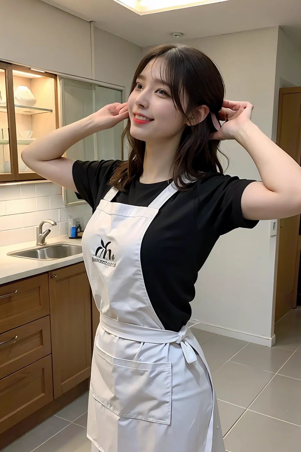 a woman is cooking、(kitchin_Apron:1.Wear 3)、Good Hand、4K、hight resolution、​masterpiece、top-quality、Cap:1.3、((Hasselblad photo))、Fine skin、foco nítido、(lighting like a movie)、Soft lighting、dynamic ungle、[:(详细的脸:1.2):0.2]、Medium chest、sweats streamed skin:1.2、(((In the kitchen))) A smile　Beautiful profile　Colossal tits　Beautiful body　Tying hair　Wide background々and a luxurious living room　Luxurious and luxurious living　Luxurious living room　Beautiful living room　Beautiful living room　A smile　an orange　lemons　A smile　Laughing　banana in　pineapple　Luxurious room　beautiful  lighting　Beautiful lighting　Very large room　very high image quality　very high res　8k Photos　Viewer's Perspective　Very gorgeous room　luxury room