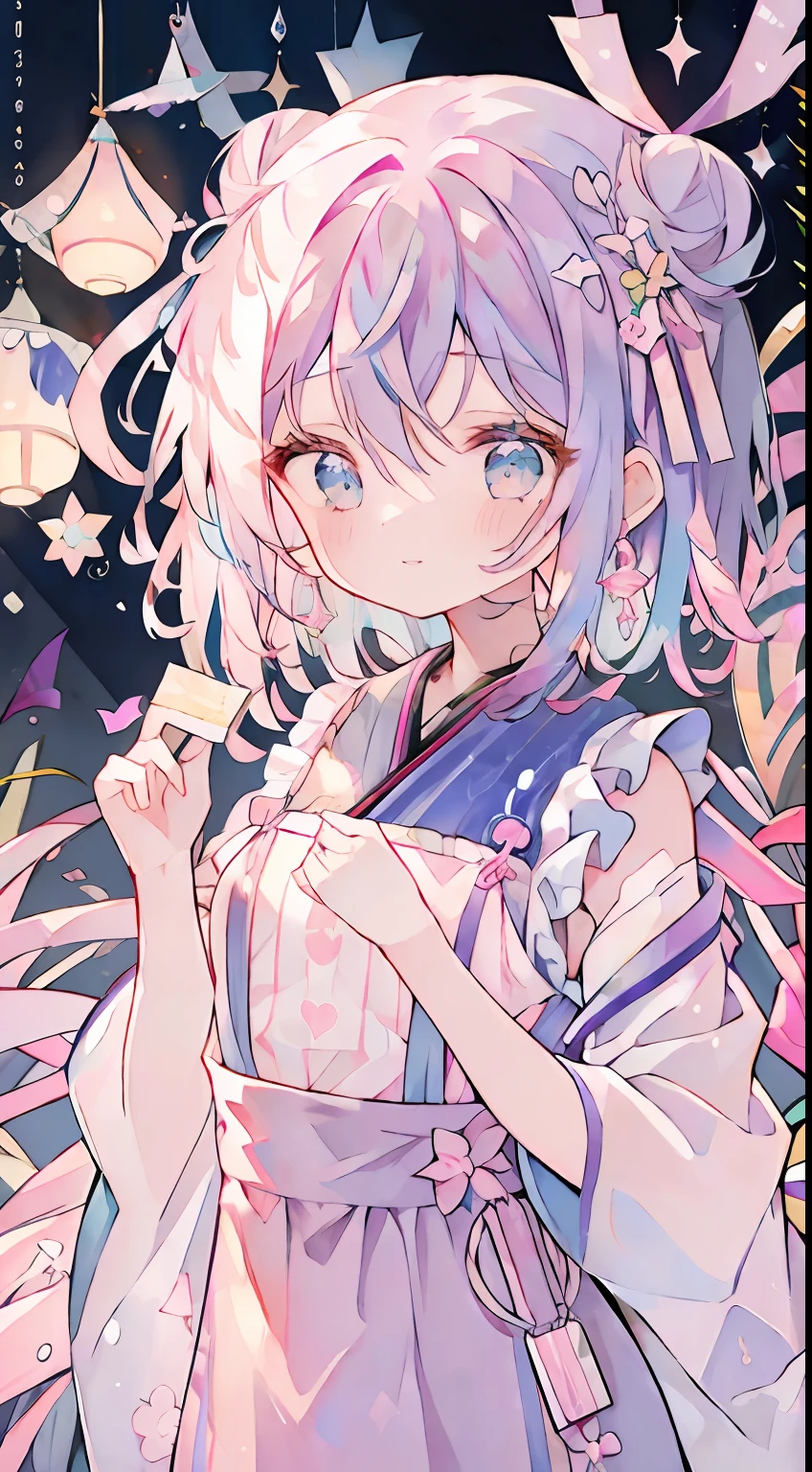 One girl、２2 hairs、Bun hair、Purple hair、Pink Inner Color、light blue  eyes、小柄、sano、Active、Laugh、A smile、Geometric pattern background、Suspender skirt、Purple Ribbon