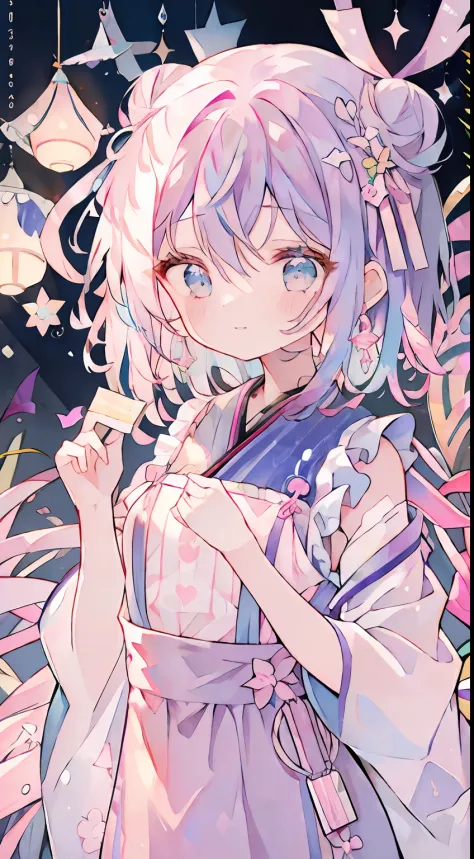 One girl、２2 hairs、Bun hair、Purple hair、Pink Inner Color、light blue  eyes、小柄、sano、Active、Laugh、A smile、Geometric pattern backgrou...