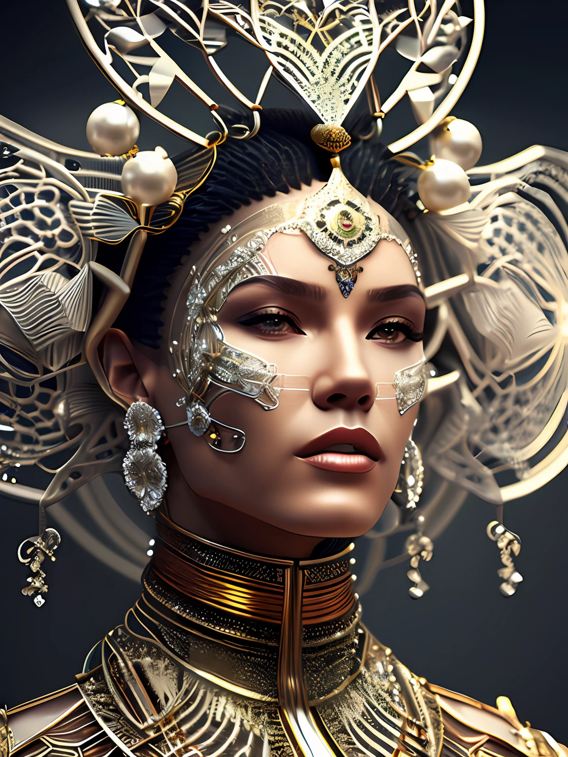 Complex 3 d render of a beautiful fascinating biomechanical female cyborg with a porcelain face, analog, beautiful natural light, rim light, 1 5 0 mm lens, aztec warrior, feathers, piercing, aztec tattoos, white blossoms, vanilla leaves and stems, sinuous roots, white blossoms, fine foliage lace, steampunk, silver gold filigree details, alexander mcqueen high fashion haute couture, pearl earring, art nouveau fashion embroidered, hexagonal mesh wire, mandelbrot fractal, facial muscles, cable wires, microchip, elegant, beautiful natural light, studio lights, rim light, highly detailed, hyperrealistic, sharp, octane render, h. r. giger style, volumetric lighting, 8 k post production