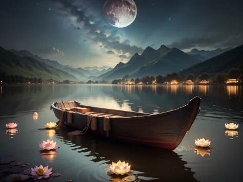 the night，themoon，Skysky，mountains and rivers，Lake surface，lotus flower，A small boat on the lake，With the atmosphere of the Mid-...