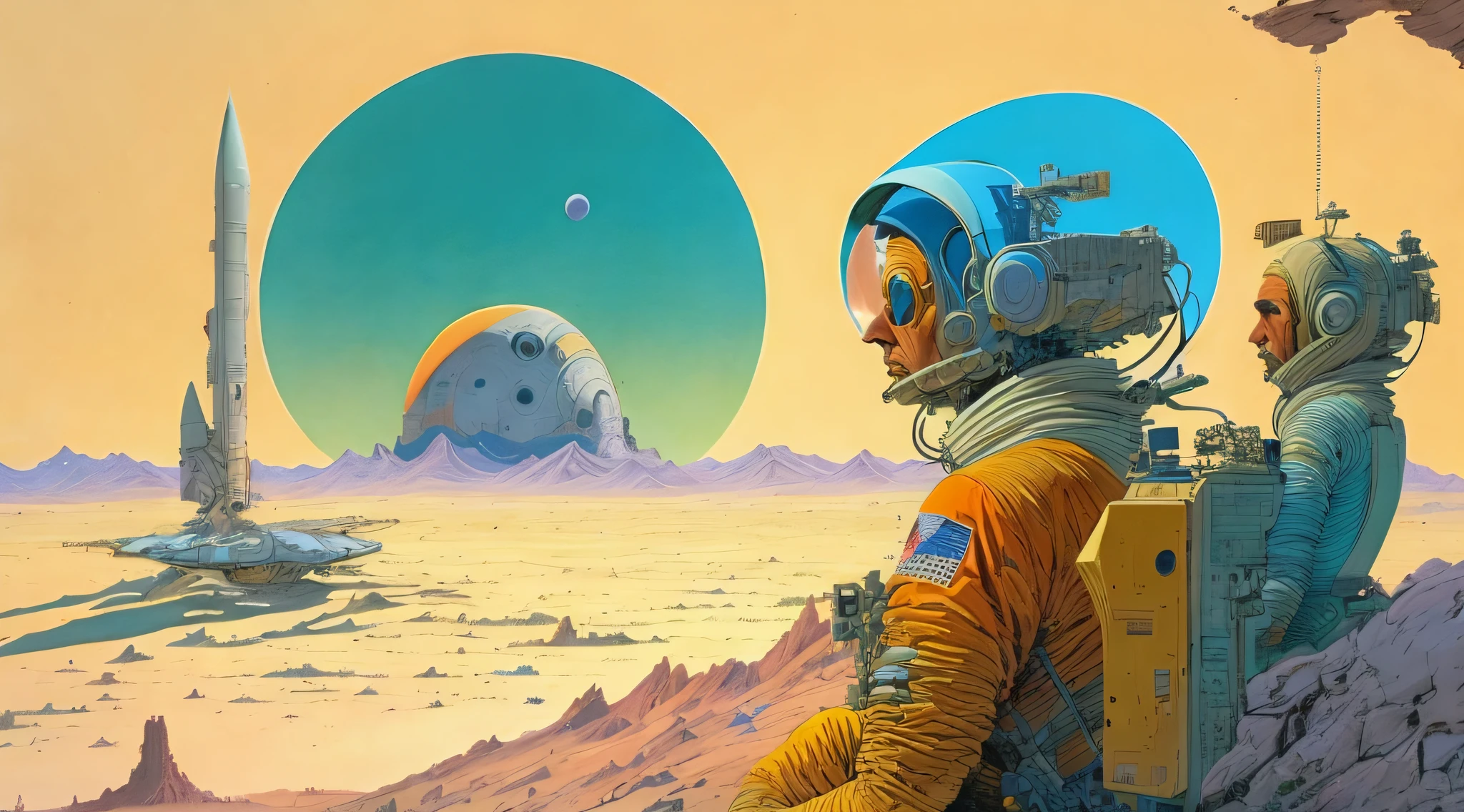 a painting of a Astronauts in Space Suit, repairing a large spaceship, another large spaceship in the background, alien planet, ringed planet by Moebius Jean Giraud