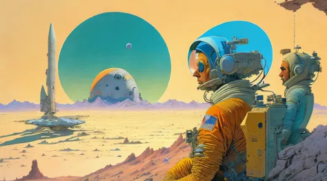 a painting of a Astronauts in Space Suit, repairing a large spaceship, another large spaceship in the background, alien planet, ...
