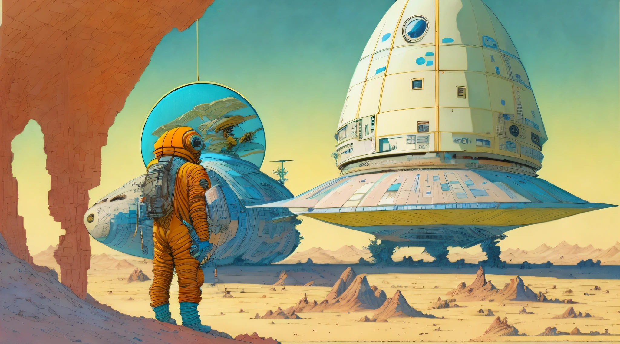 a painting of a Astronauts in Space Suit, repairing a large spaceship, another large spaceship in the background, alien planet, ringed planet by Moebius Jean Giraud