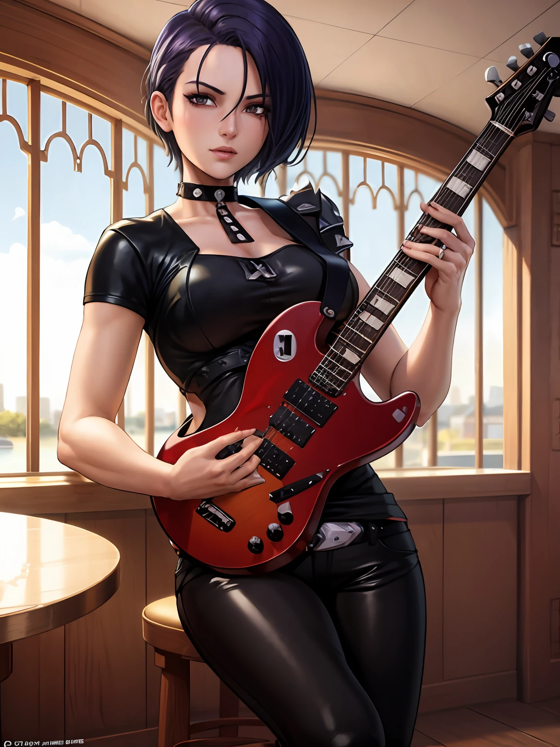masterpiece, ultra high quality cg, best quality, perfect image, 1girl, shamir, black t-shirt, jeans, spiked choker, black electric guitar