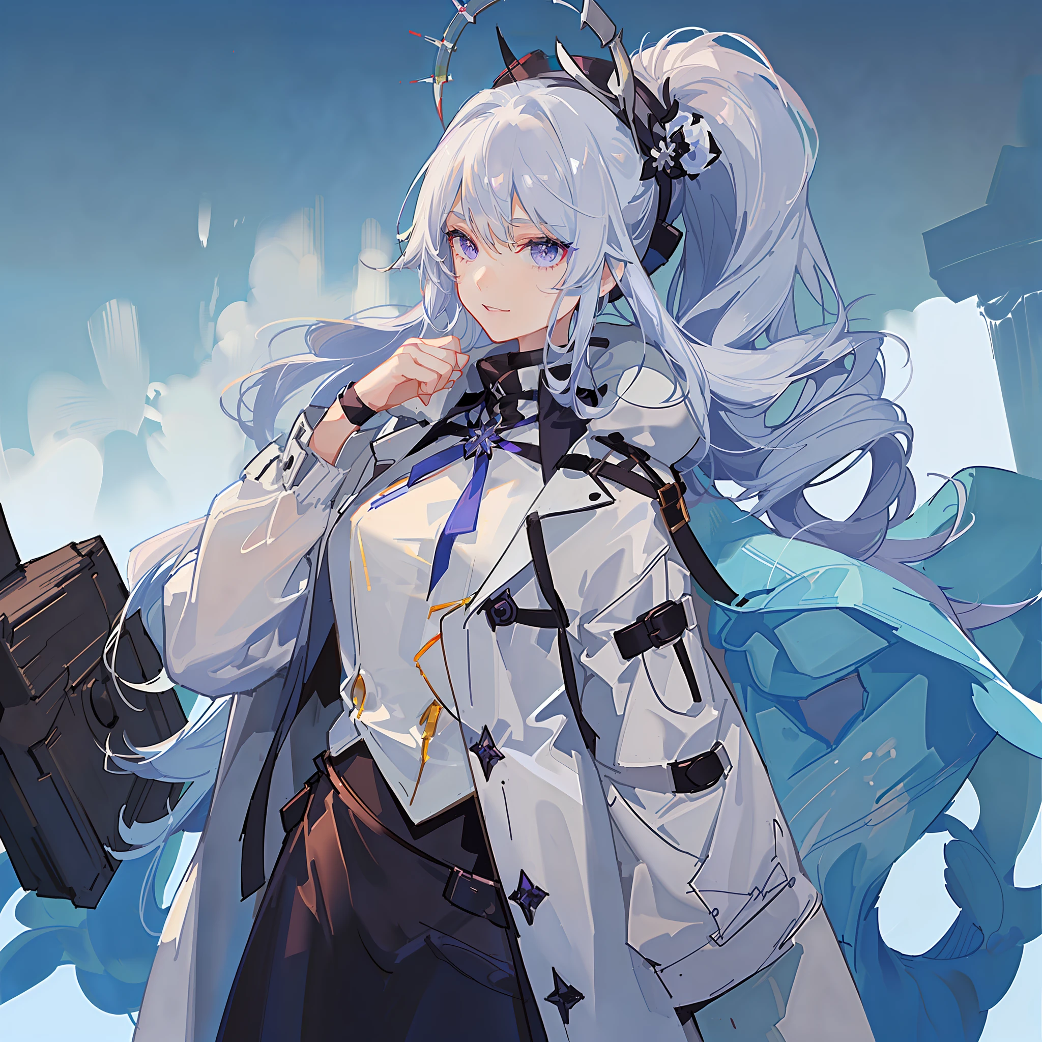 Girl with blue and white hair，Wearing a thick white coat，Large lapels，Purple eyes，Industrial style clothing，From the maiden front，From the Ark of Tomorrow，Blue strap decoration，Bust，Half-buttoned coat，Dong with a high ponytail，small，solo person，White half-button coat，Mature girl，Black underwear bottom，ssmile