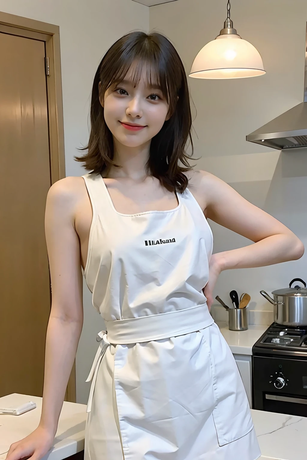 a woman is cooking、(kitchin_apron:1.Wear 3)、Good Hand、4K、hight resolution、​masterpiece、top-quality、cape:1.3、((Hasselblad photo))、Fine skin、sharp focus、(lighting like a movie)、Soft lighting、dynamic ungle、[:(Detailed face:1.2):0.2]、Medium chest、sweats streamed skin:1.2、(((In the kitchen))) A smile　Beautiful profile　Colossal tits　Beautiful body　Tying hair　Wide background々and a luxurious living room　Luxurious and luxurious living　Luxurious living room　Beautiful living room　Beautiful living room　A smile　an orange　lemons　A smile　Laughing　banana in　pineapple　Luxurious room　beautiful  lighting　Beautiful lighting　Very large room　very high image quality　very high res　8k Photos　Viewer's Perspective　Very gorgeous kitchen　Luxury Kitchen　white tank tops　White apron　Millionaire Kitch