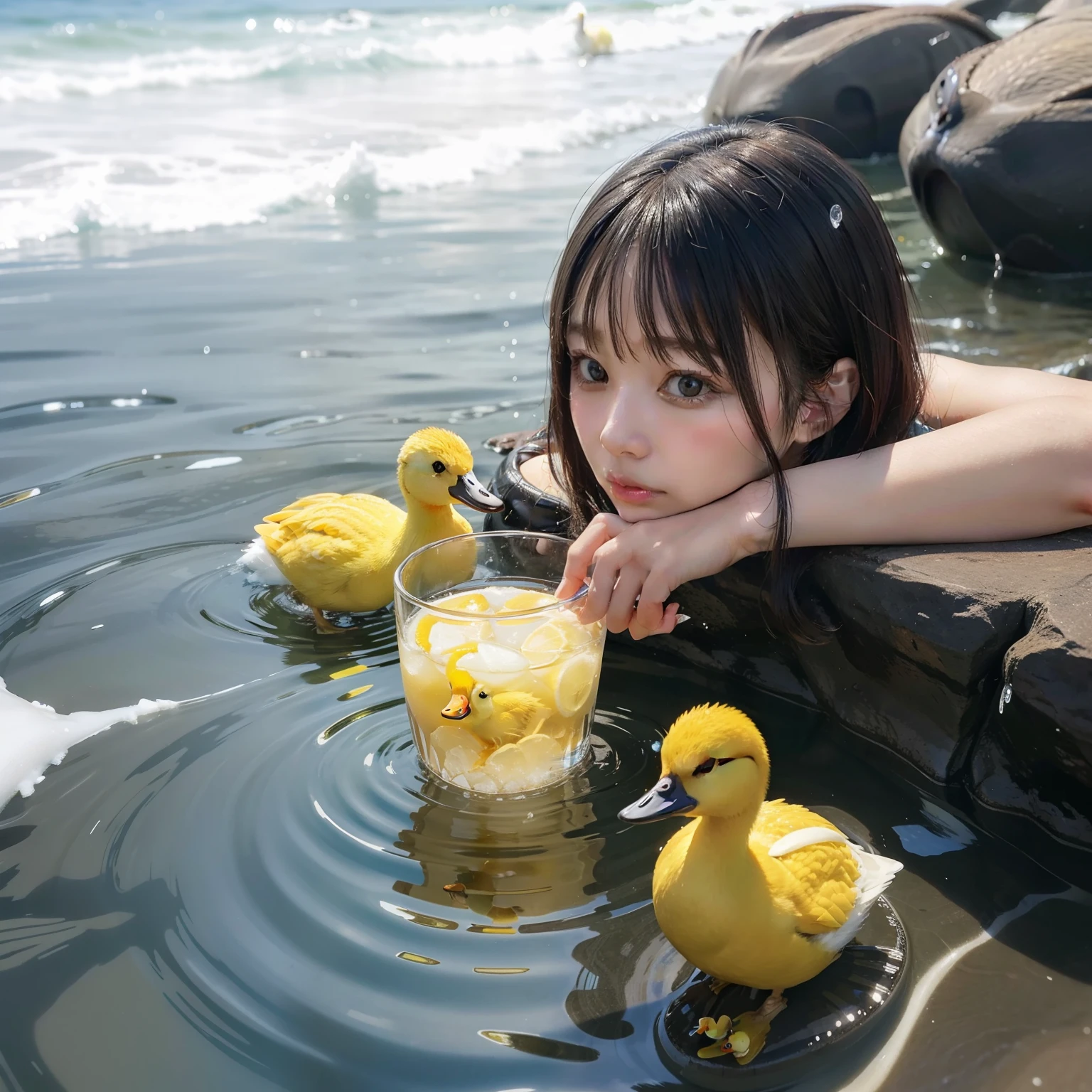 Modelo japonés Araffe, Híper realista, beber agua en un vaso con mucho hielo junto a patitos amarillos en una playa,