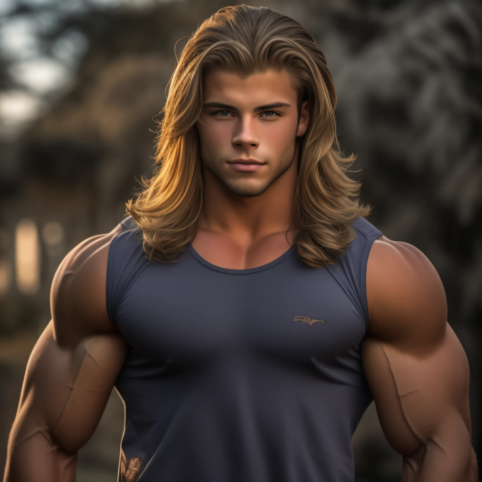 A close up of a man with long hair and a tank top - SeaArt AI