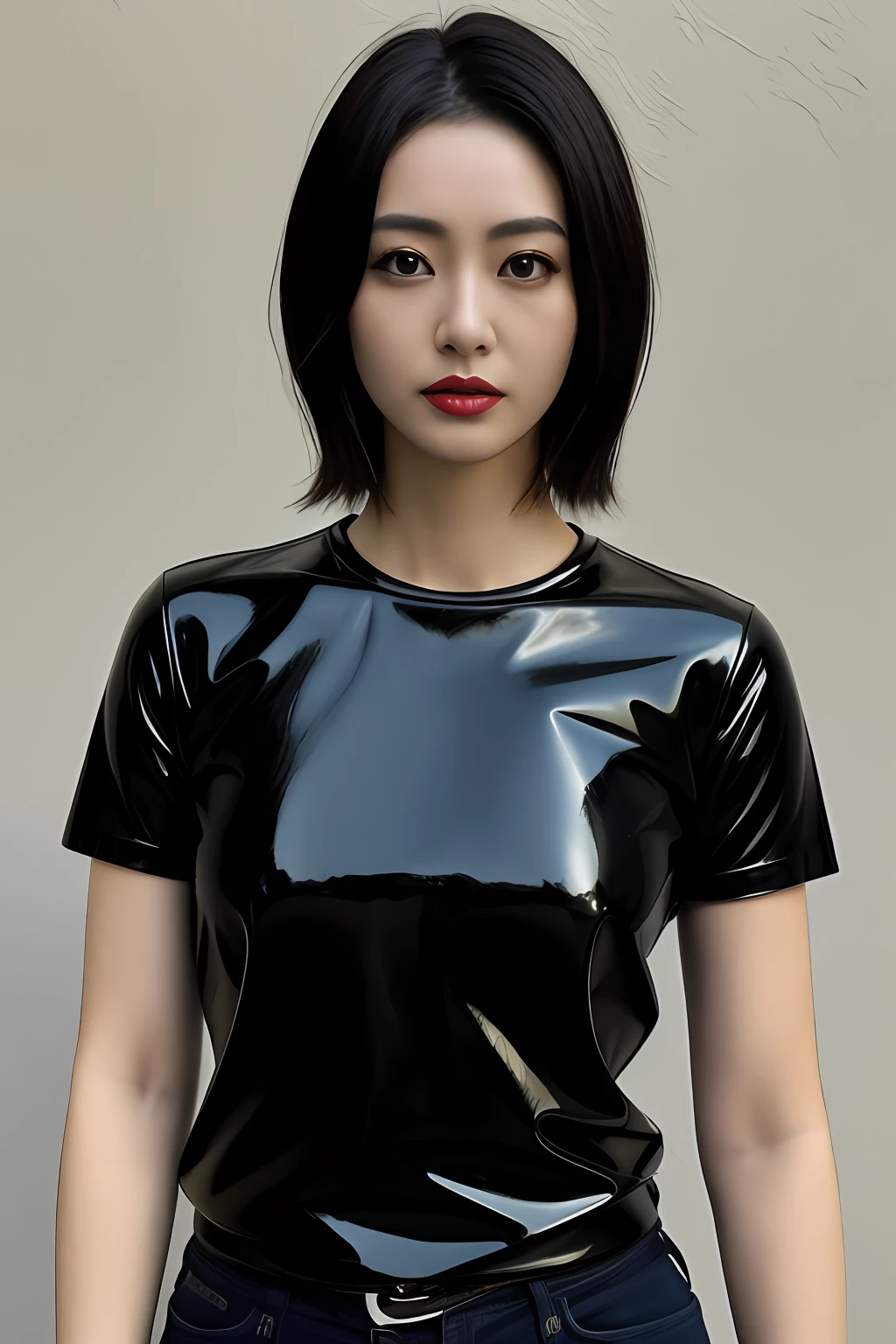 Japan woman in black latex t-shirt、(Photo Real:1.4)、
1girl in、(Brightening light:1.2)、(Increase quality:1.4)、
(Top quality real texture skins:1.4)、

(Mood up the body line:1.1)、(Improve skin texture:1.1)