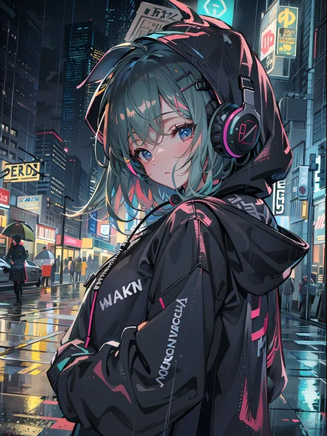 masterpiece, girl alone, solo, incredibly absurd, hoodie, headphones, street, outdoor, rain, neon,