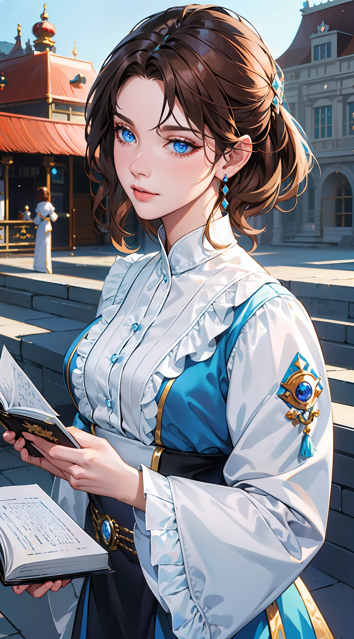 kk, best quality, more details, masterpiece, 1 girl, portrait, female focus, blue eyes like diamonds, solo, bangs, look at the viewer, frilly shirt, short hair, (((fantasy city, palace))), highlights, holding a magic spell book, brown hair, wavy, luxurious, 8k, detailed, ray tracing, depth of field, cinematic lighting,