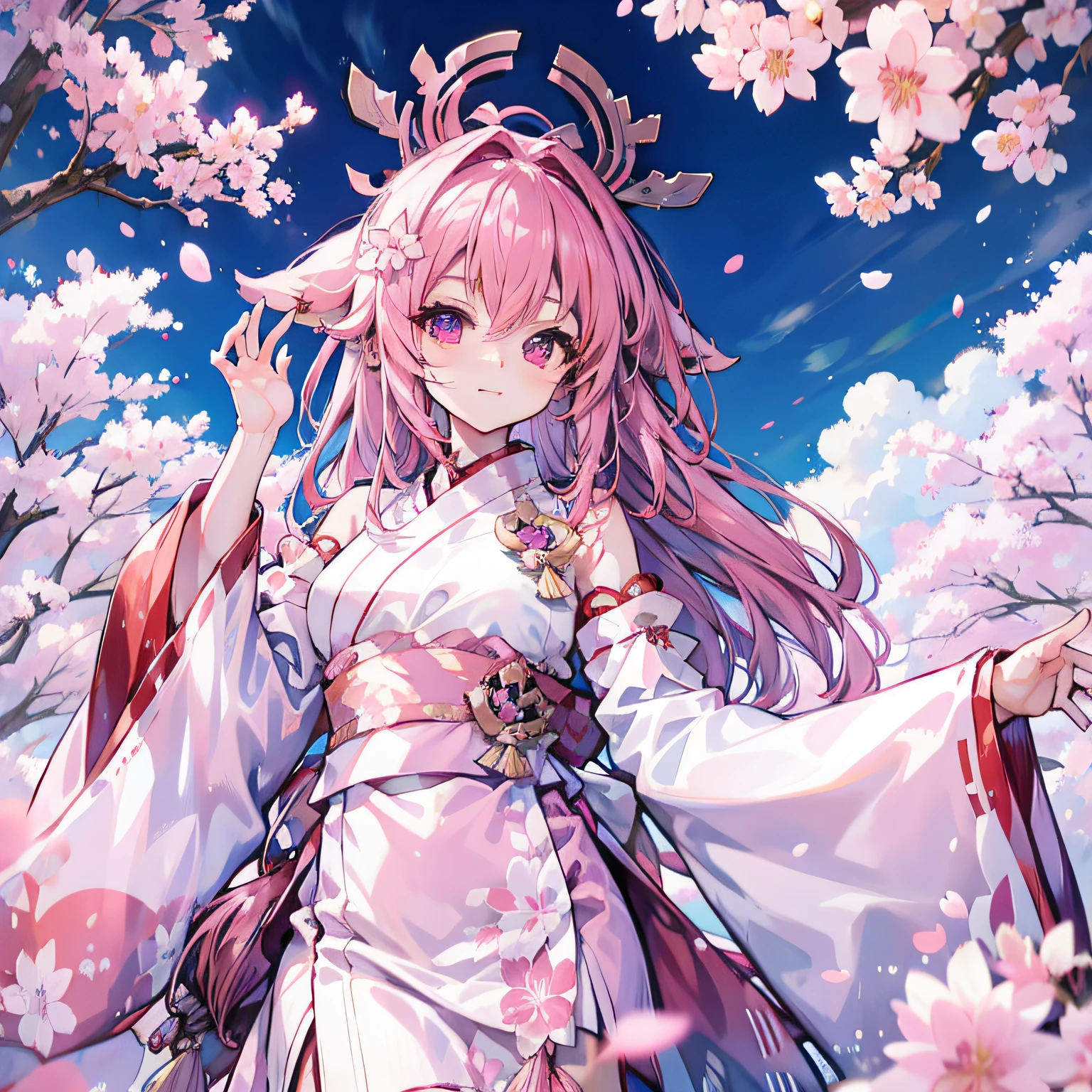粉紅色的頭髮，皇姐，粉紅色的狐狸耳朵，數著櫻花的數量，日本鳥居和神社