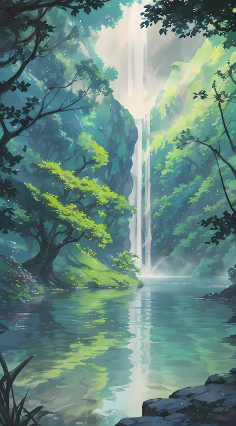 Hot springs, heat, water vapor, waterfalls, ancient Chinese times, jungles, lakes, caves, trees, meadows, night (illustration: 1.0), epic composition, realistic lighting, HD details, masterpieces, best quality, (very detailed CG unified 8k wallpaper)