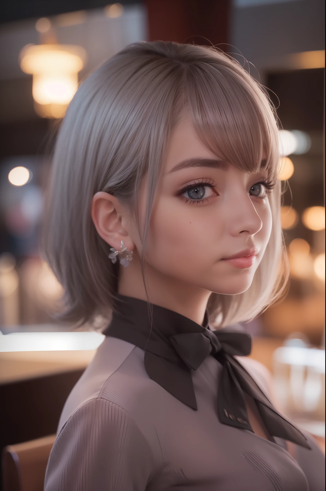 A close up of a woman with a short hair and a bow tie - SeaArt AI