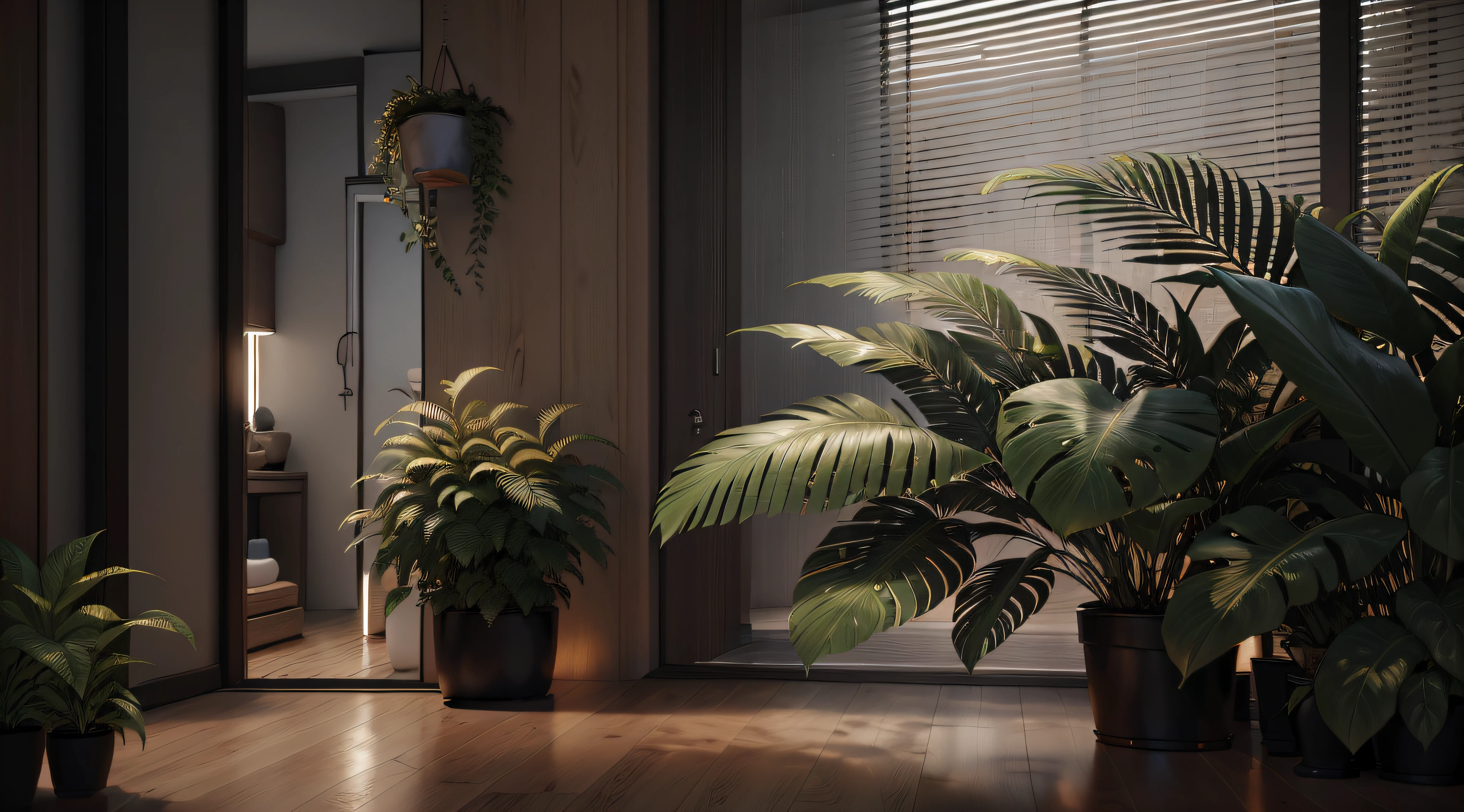 maximum quality, photorealism, 8k, film, high resolution, indoor, view from below, small rustic living room with low lighting with rainy afternoon outside, (rainy and foggy afternoon: 1.2), southeast pacific, (medium lighting: 1.2), (dim lighting: 0.9), plants, large plants, rainy, monstera, many plants, (foggy windows:1.2), pictures on the wall, wall with light texture, masterpiece, best quality,  twilight hour, (afternoon:1.4), rainy afternoon, before sunset, general plan, medium depth of field, lomography, maximum quality, beautiful, masterpiece, photorealism, 8k, realistic texture of high resolution, grain of film, Shot on a Canon EOS-1D X Mark III, 50mm lens, F/2.8, sharp focus