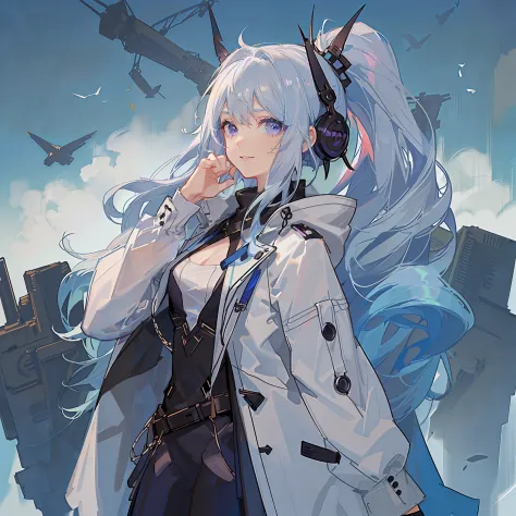 girl with blue and white hair，wearing a thick white coat，large lapels，purple eyes，industrial style clothing，from the maiden fron...