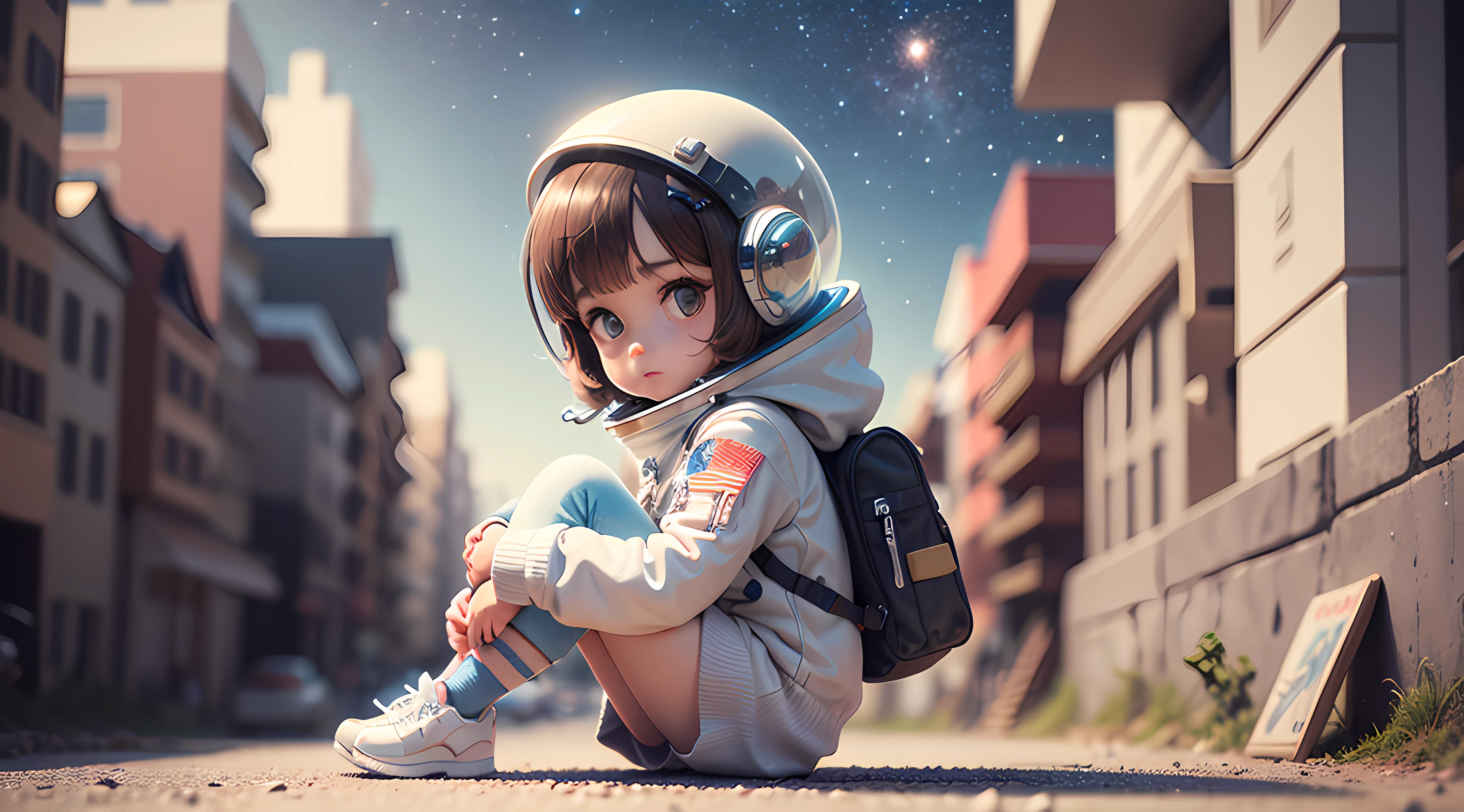 Brincar com uma bonequinha com capacete, bonitinho 3d render, bonitinho detailed digital art, female explorer mini bonitinho girl, bonitinho digital painting, renderização 3d estilizada, bonitinho digital art, bonitinho render 3d anime girl , o pequeno astronauta olha para cima, bonitinho! c4d, retrato anime espaço cadete garota, sentado em um pedestal branco