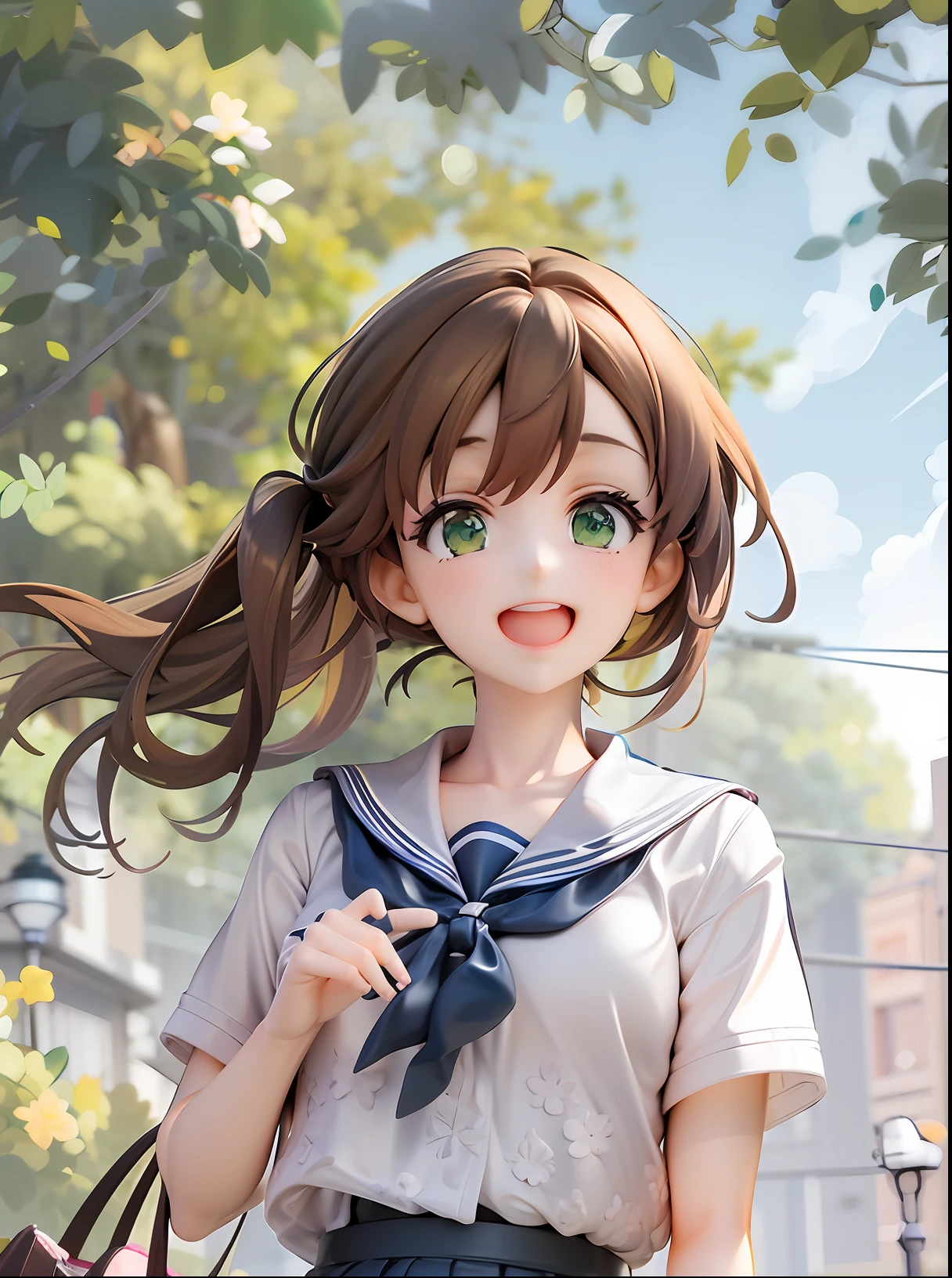 1girl, beautiful eye, smile, student life, navy blue and white, schoolgirl, cheerful and fun expression, classic sailor uniform, white blouse, navy blue skirt, red ribbon, brown hair, twin-tails, medium-length, green eyes, waving hand, school gate background, sunbeam filtering through the trees, slight blush on her cheeks, lighthearted atmosphere, carrying a school bag, book peeking out from the bag, soft shadows creating depth, neatly tied ribbon fluttering in the wind, pleats on the skirt adding detail, shimmering green eyes filled with anticipation, crisp white blouse contrasting with the navy blue skirt, confident stride suggesting excitement for the school day, sunlit pathway leading to the school building, silhouettes of other students in the distance, fresh green leaves on the trees signifying early summer, delicate lace socks peeking out from her loafers, sparkling light creating a lively atmosphere, a scene full of youthful energy,