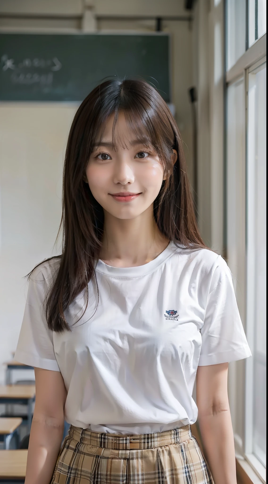 Ein schönes asiatisches Mädchen, lächeln, mittellanges glattes Haar, weiße Haut, glatte Haut, mittlere Brustgröße, trägt kurzärmeliges Hemd, im Klassenzimmer stehen, Oberkörperporträt