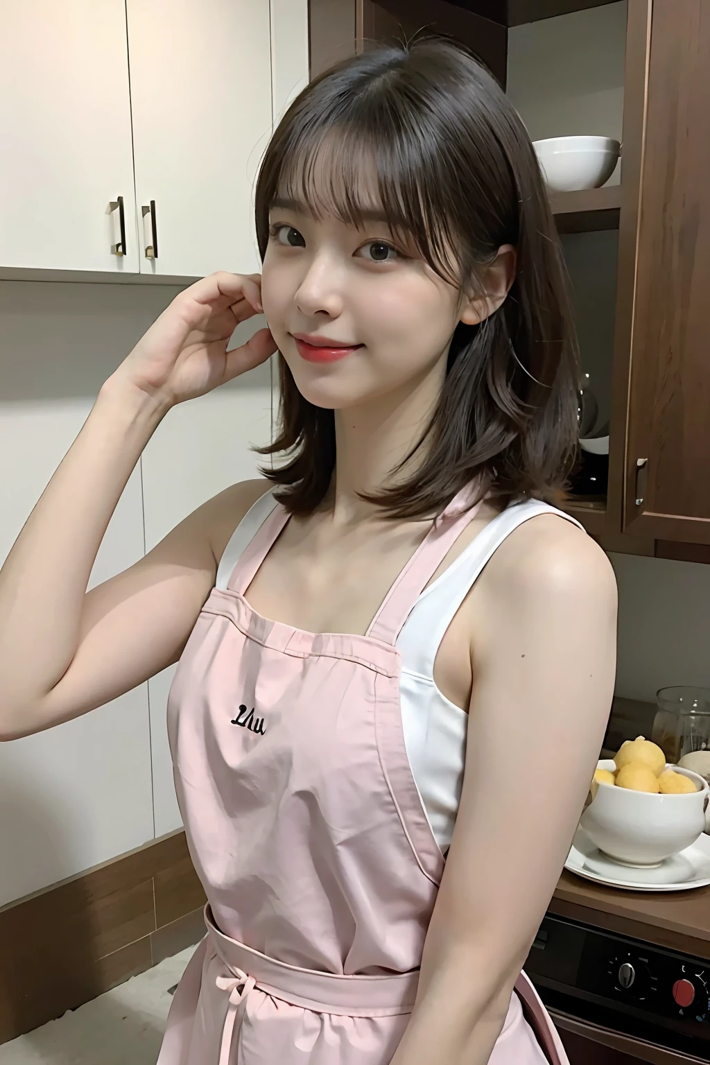 a woman is cooking、(kitchin_Apron:1.Wear 3)、Good Hand、4K、hight resolution、​masterpiece、top-quality、Cap:1.3、((Hasselblad photo))、Fine skin、foco nítido、(lighting like a movie)、Soft lighting、dynamic ungle、[:(详细的脸:1.2):0.2]、Medium chest、sweats streamed skin:1.2、(((In the kitchen))) A smile　Beautiful profile　Colossal tits　Beautiful body　Tying hair　Wide background々and a luxurious living room　Luxurious and luxurious living　Luxurious living room　Beautiful living room　Beautiful living room　A smile　an orange　lemons　A smile　Laughing　banana in　pineapple　Luxurious room　beautiful  lighting　Beautiful lighting　Very large room　very high image quality　very high res　8k Photos　Viewer's Perspective　Very gorgeous kitchen　Luxury Kitchen　white tank tops　White Apron　Millionaire Kitchen　Fine kitchen