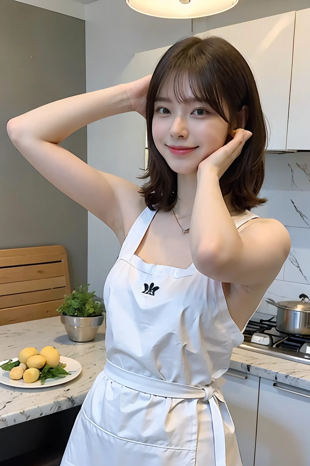 a woman is cooking、(kitchin_apron:1.Wear 3)、Good Hand、4K、hight resolution、​masterpiece、top-quality、cape:1.3、((Hasselblad photo))、Fine skin、sharp focus、(lighting like a movie)、Soft lighting、dynamic ungle、[:(Detailed face:1.2):0.2]、Medium chest、sweats streamed skin:1.2、(((In the kitchen))) A smile　Beautiful profile　Colossal tits　Beautiful body　Tying hair　Wide background々and a luxurious living room　Luxurious and luxurious living　Luxurious living room　Beautiful living room　Beautiful living room　A smile　an orange　lemons　A smile　Laughing　banana in　pineapple　Luxurious room　beautiful  lighting　Beautiful lighting　Very large room　very high image quality　very high res　8k Photos　Viewer's Perspective　Very gorgeous kitchen　Luxury Kitchen　white tank tops　White apron　Millionaire Kitchen　Fine kitchen
