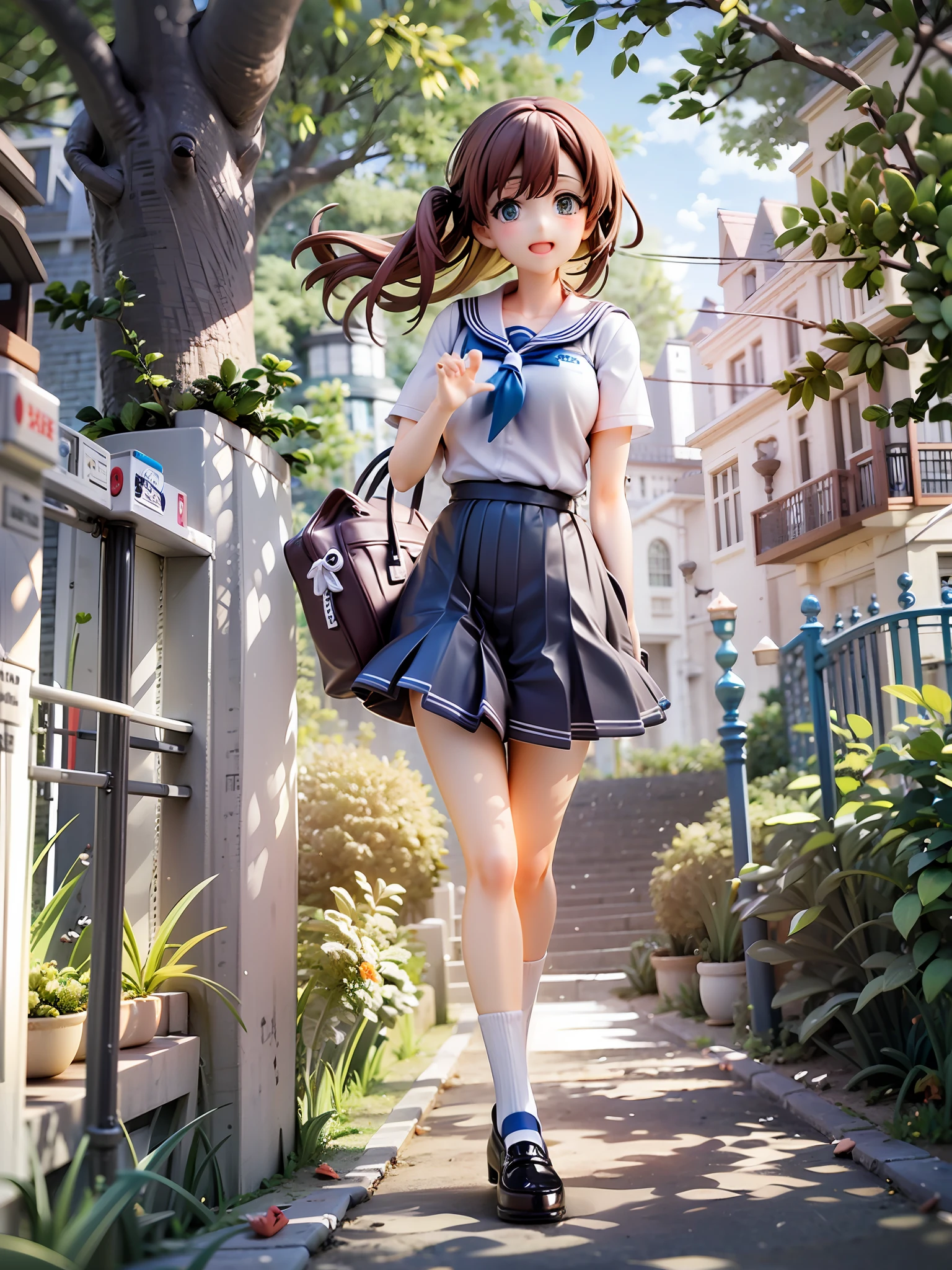 1girl, beautiful eye, smile, student life, navy blue and white, schoolgirl, cheerful and fun expression, classic sailor uniform, white blouse, navy blue skirt, red ribbon, brown hair, twin-tails, medium-length, green eyes, waving hand, school gate background, sunbeam filtering through the trees, slight blush on her cheeks, lighthearted atmosphere, carrying a school bag, book peeking out from the bag, soft shadows creating depth, neatly tied ribbon fluttering in the wind, pleats on the skirt adding detail, shimmering green eyes filled with anticipation, crisp white blouse contrasting with the navy blue skirt, confident stride suggesting excitement for the school day, sunlit pathway leading to the school building, silhouettes of other students in the distance, fresh green leaves on the trees signifying early summer, delicate lace socks peeking out from her loafers, sparkling light creating a lively atmosphere, a scene full of youthful energy,