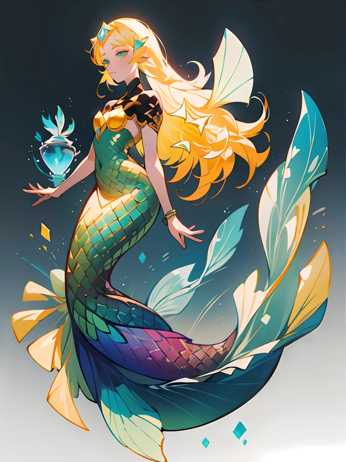 (Best Quality, Masterpiece), 1 Kraken, Yellow Diamond Mineral, Beautiful Full Body Concept Art, (Simple White Background), Long Blonde Hair, Mineral, (Mermaid Tail: 1.4), Smooth Glass Thickness, Transparent, Film Lighting, Rendering, 4K,--niji 5