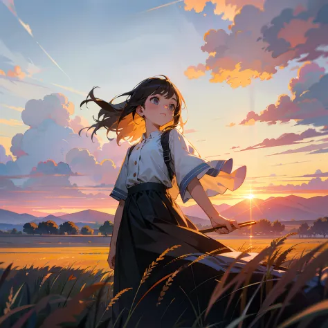 girl standing in field, detailed face, mid shot, portrait, clouds, sunrise