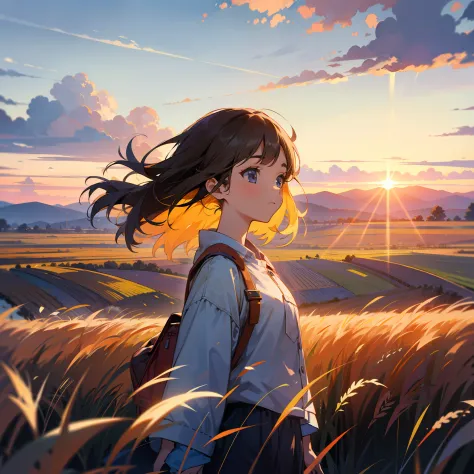 girl standing in field, detailed face, mid shot, portrait, clouds, sunrise