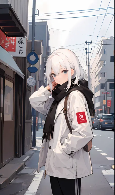 ​masterpiece、top-quality、女の子1人、white  hair、Medium Hair、kawaii、scarf、jaket、outside of house、casual,Stylish cityscape