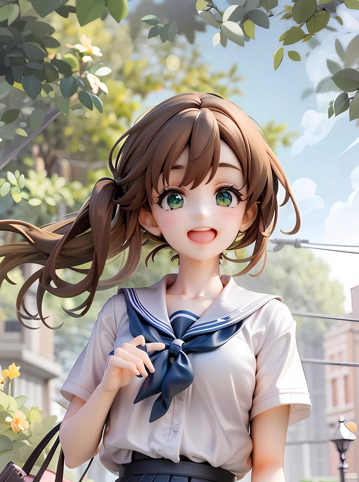 1girl, beautiful eye, smile, student life, navy blue and white, schoolgirl, cheerful and fun expression, classic sailor uniform, white blouse, navy blue skirt, red ribbon, brown hair, twin-tails, medium-length, green eyes, waving hand, school gate background, sunbeam filtering through the trees, slight blush on her cheeks, lighthearted atmosphere, carrying a school bag, book peeking out from the bag, soft shadows creating depth, neatly tied ribbon fluttering in the wind, pleats on the skirt adding detail, shimmering green eyes filled with anticipation, crisp white blouse contrasting with the navy blue skirt, confident stride suggesting excitement for the school day, sunlit pathway leading to the school building, silhouettes of other students in the distance, fresh green leaves on the trees signifying early summer, delicate lace socks peeking out from her loafers, sparkling light creating a lively atmosphere, a scene full of youthful energy,