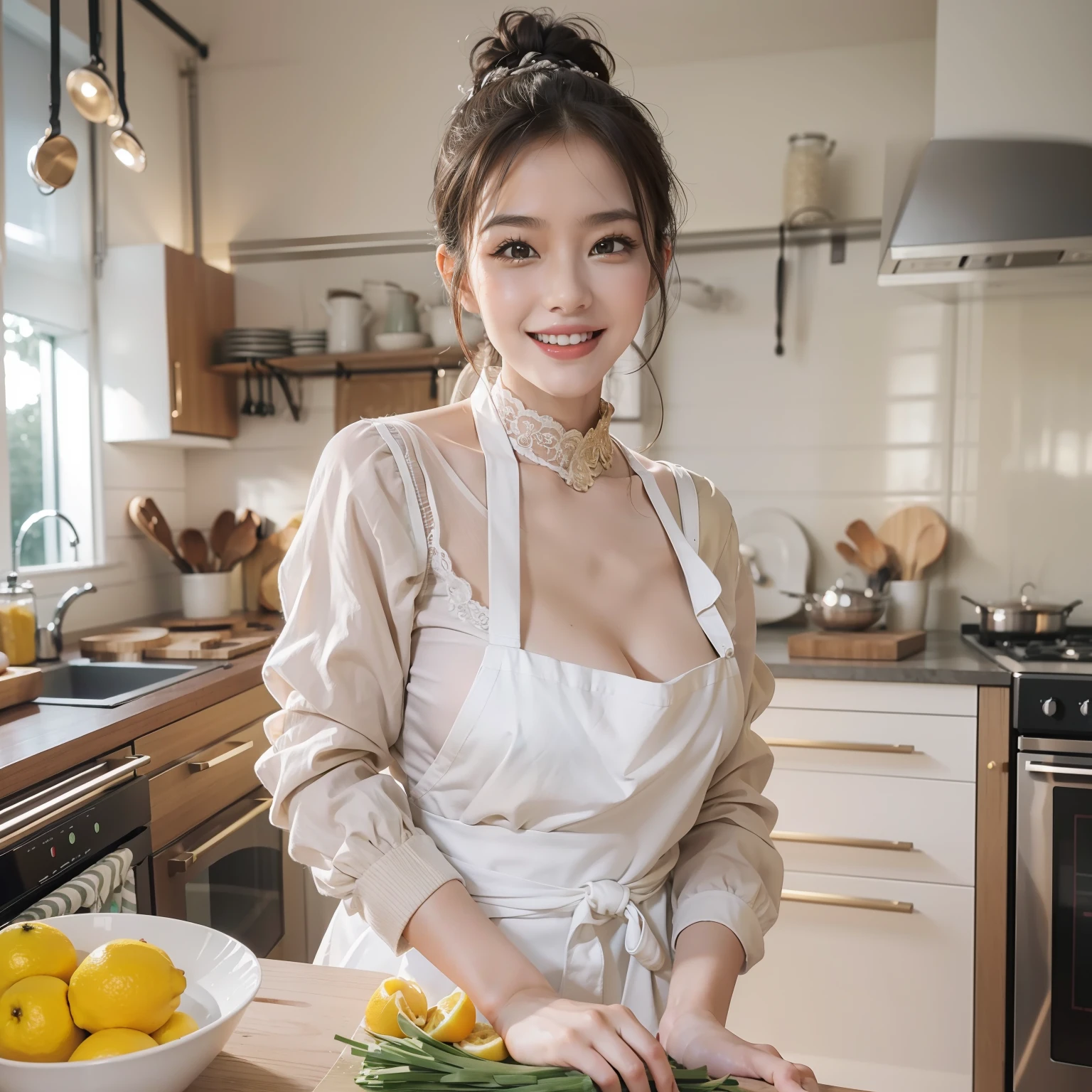 A woman cooking、(kitchin_aprons:1.Wear 3)、nice hand、4K、A high resolution、tmasterpiece、top-quality、wear cap:1.3、((hasselblad photograph))、Fine skin、sharp focus、(lighting like a movie)、Soft lighting、dynamic ungle、[:(Detailed face:1.2):0.2]、Medium chest、Sweat runs down the skin:1.2、(((In the kitchen))) A smile　Beautiful profile　Colossal tits　Beautiful body　tying  hair　Wide background々and luxurious living room　Luxurious and luxurious living　Luxurious living room　Beautiful living room　Beautiful living room　A smile　an orange　lemons　A smile　Laughing　Bananas in　pineapples　Luxurious room　beautiful light up　Beautiful lighting　Very large room　very high image quality　very high res　8K photos　Viewer's perspective　Very gorgeous kitchen　Luxury kitchen　Gilet blanc　White apron　Millionaire Kitchen　Luxury kitchen