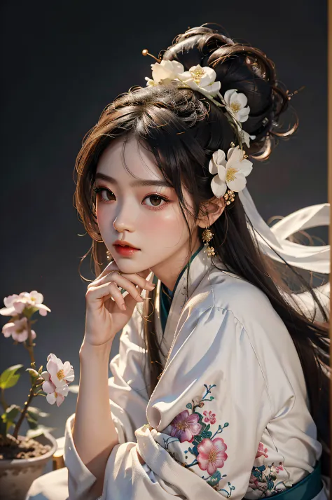 zhong fenghua， 1girll， （full bodyesbian） 独奏， hanfu， flower  field， blossom flower， （white smoke：1.3） （realisticlying：1.5）， zen e...