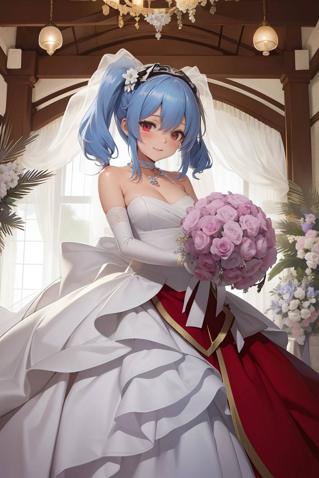 Prinz Eugen,((Masterpiece)), (((Best quality))), ((Ultra-detailed)), ((illustration)), ((Disheveled hair)), ((frilld)), (1 girl), (Solo), Bare shoulders ， Blue hair ， Bouquet ， choker necklace， 鎖骨 ， Clothing ， dress ， Elbow gloves， Female ， flower ， frilld， Collection， mitts， hair between eye， Headgear ， Holding， holding flower bouquet ， holding object ， Light smile， view the viewer， Red eyes， Short twin tails， No shoulder strap ， Strapless dress ， hair tying， double tails， two hand ， (Wedding dress:1.2)， a white choker ， White dress， White gloves， a white choker ， white sash ，