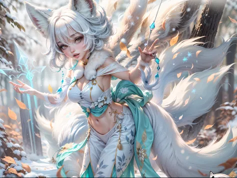 In this breathtaking digital artwork created by Mappa Studios, a stunning snow fox woman takes center stage. BREAK With nine fluffy white frosting fox tails on her back and delicate snow fox ears, she exudes an ethereal beauty. Donning an intricately detai...