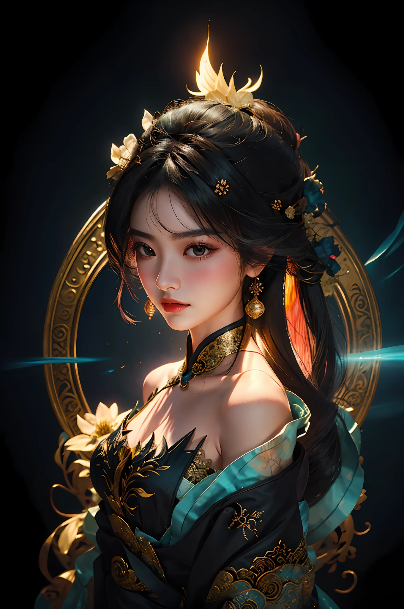 Zhong Fenghua， 1girll， （full bodyesbian） 独奏， Hanfu， flower  field， blossom flower， （Black smoke：1.3） （realisticlying：1.5）， Zen entanglement， datura， entangled， offcial art， Unity 8k壁纸， ultra - detailed， Beautiful and beautiful， tmasterpiece，best qualtiy， （dynamic angle：1.4）， （Realistic：1.5），（Real human photos；1.5），Glowing skin， （Floating colorful flashes：1），The most beautiful forms of chaos，ellegance，Fauvistdesign，vivd colour，Romanticism Depth of Field，