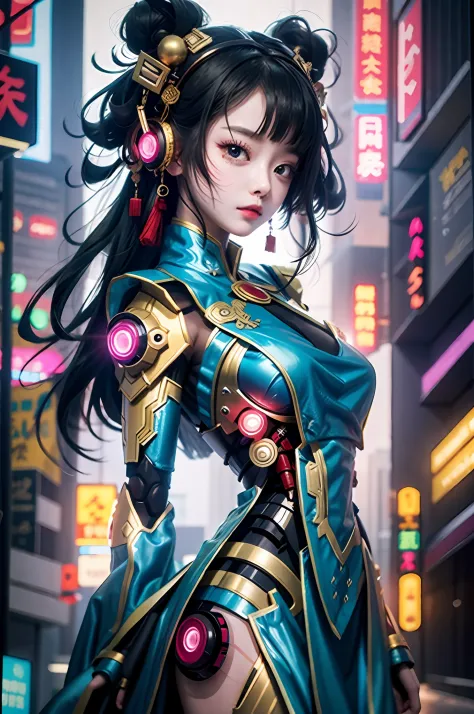 a girl, full body, clear facial features, amazing facial features, beautiful eyes, ancient chinese costumes, chinese cyberpunk, ...