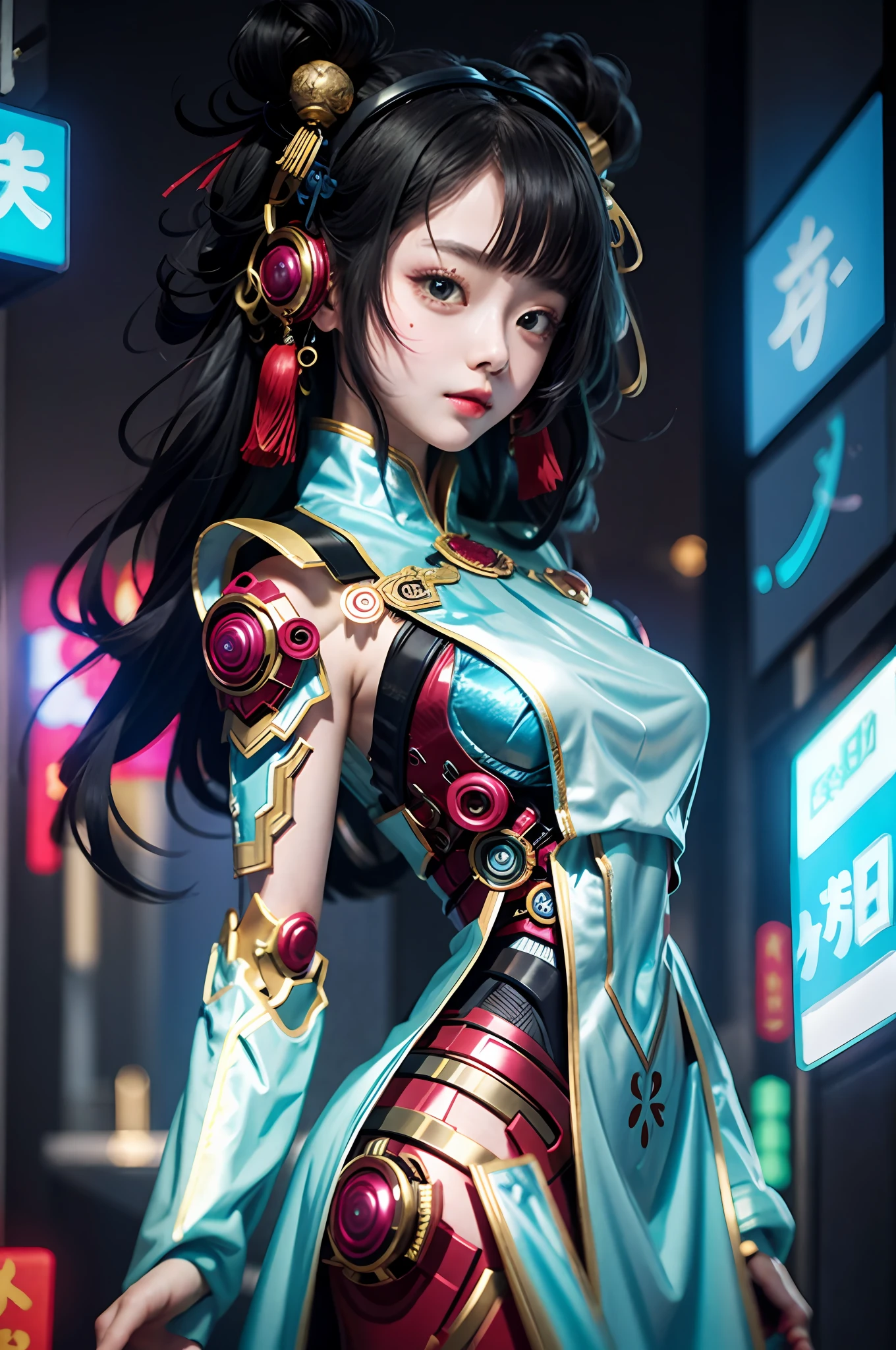 A girl, full body, clear facial features, amazing facial features, beautiful eyes, ancient Chinese costumes, Chinese cyberpunk, cyberpunk city headwear, hair accessories, super complex design, mechanical mecha, technology, stunning lighting, C4D, OC rendering, cinematic edge light, fine light, masterpiece, super detail, epic composition, ultra HD, high quality, 32k